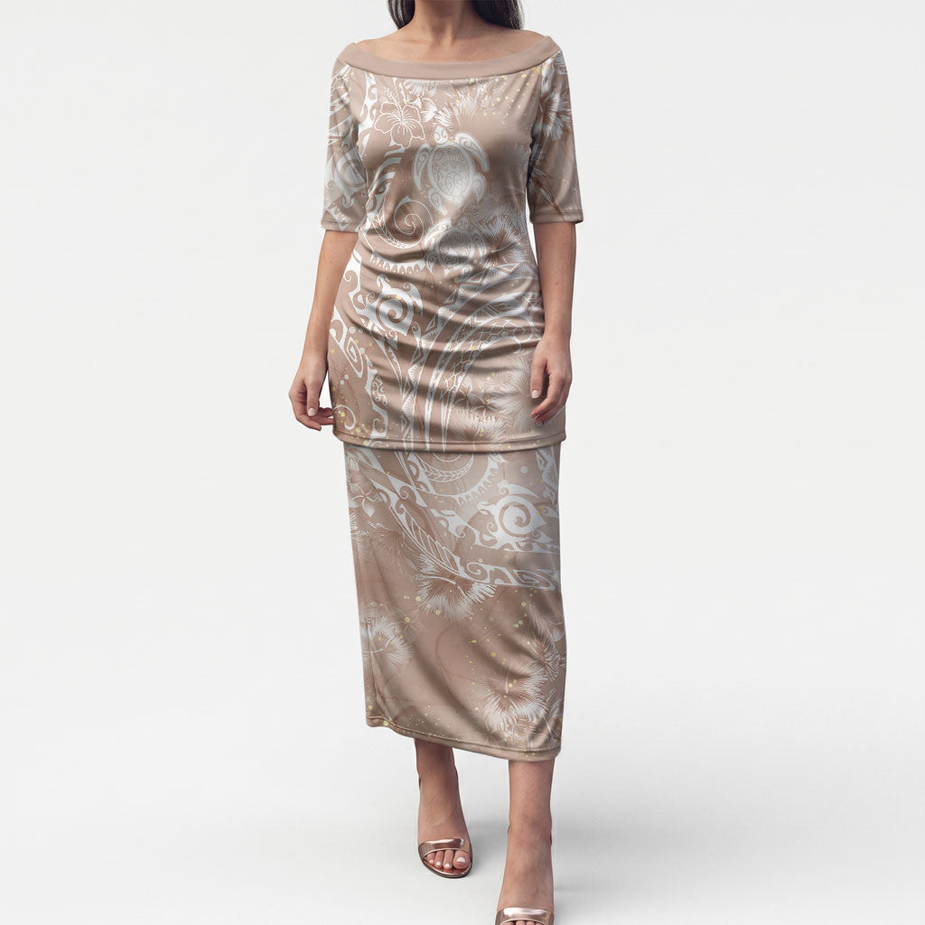Aloha Hawaii Turtles Floral Puletasi Taupe Marbles Glaze LT7 Long Dress Taupe - Polynesian Pride