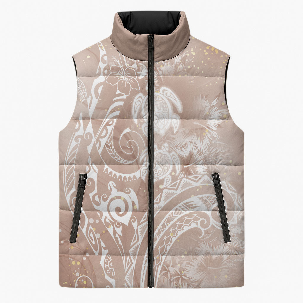 Aloha Hawaii Turtles Floral Sleeveless Puffer Jacket Taupe Marbles Glaze LT7 Unisex Taupe - Polynesian Pride