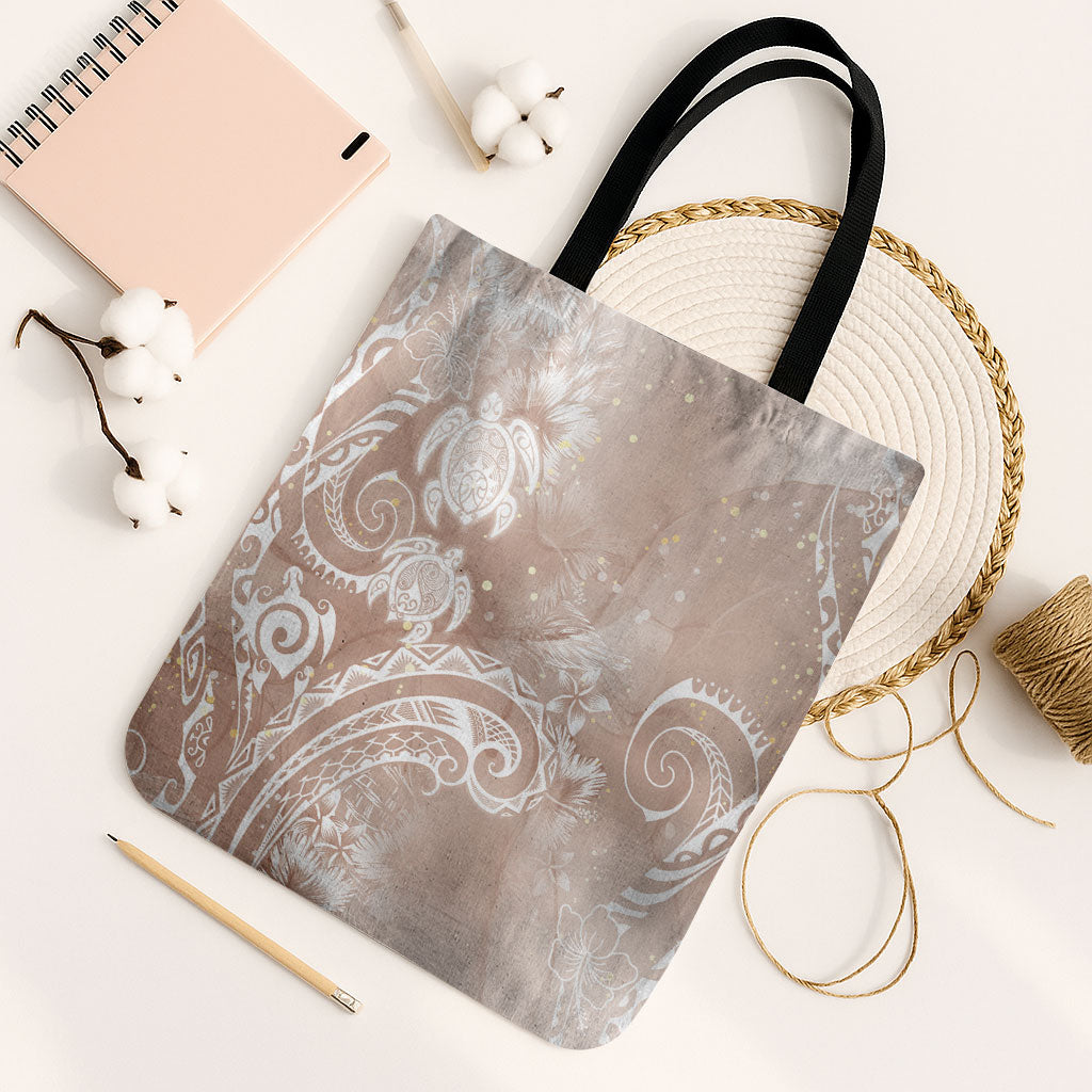 Aloha Hawaii Turtles Floral Tote Bag Taupe Marbles Glaze LT7 Black Strap One Size Taupe - Polynesian Pride
