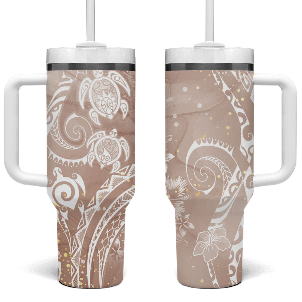 Aloha Hawaii Turtles Floral Tumbler With Handle Taupe Marbles Glaze LT7 One Size: 40 oz Taupe - Polynesian Pride