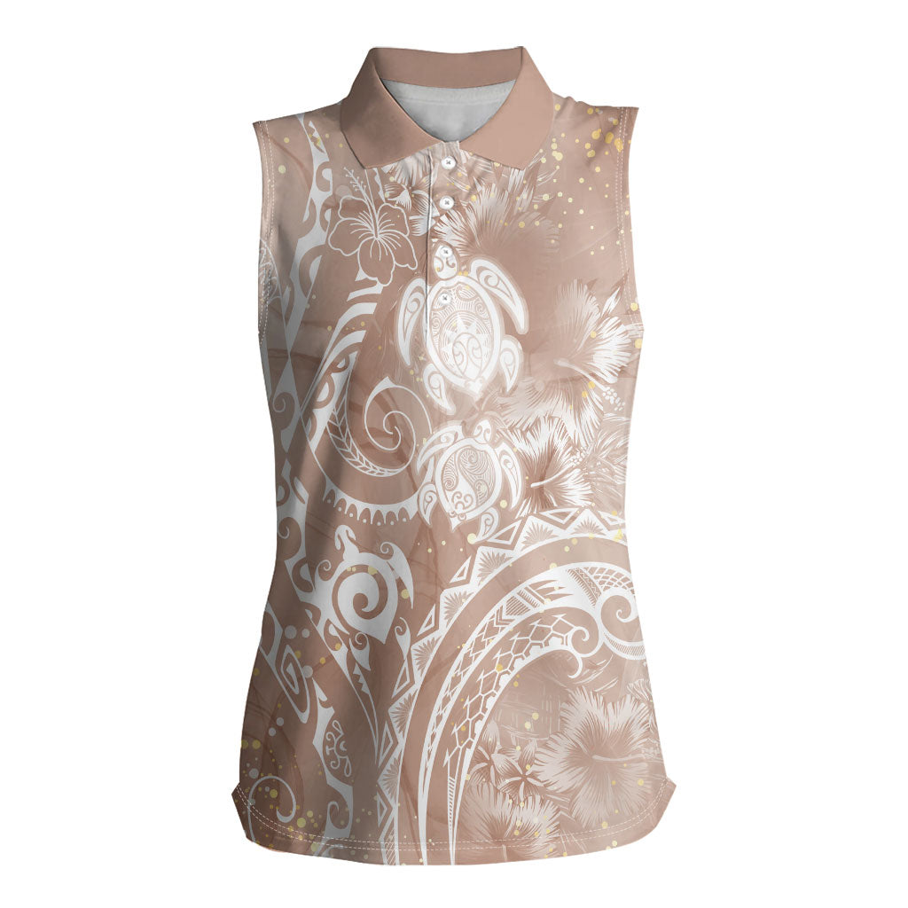 Aloha Hawaii Turtles Floral Women Sleeveless Polo Shirt Taupe Marbles Glaze LT7 Female Taupe - Polynesian Pride
