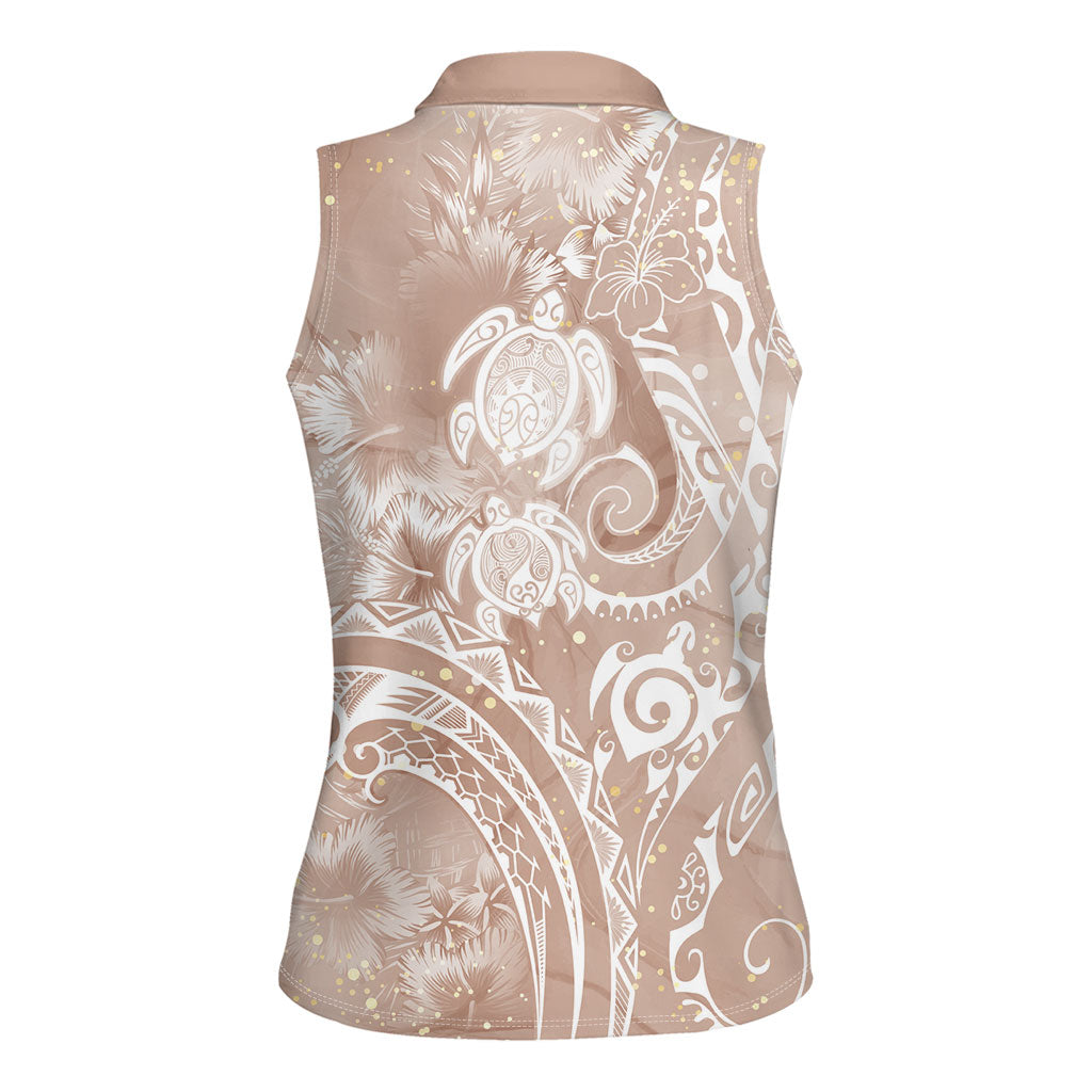Aloha Hawaii Turtles Floral Women Sleeveless Polo Shirt Taupe Marbles Glaze