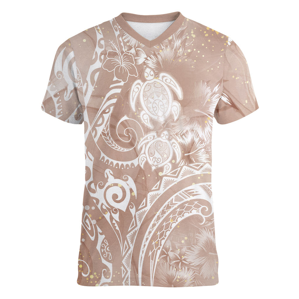 Aloha Hawaii Turtles Floral Women V-Neck T-Shirt Taupe Marbles Glaze LT7 Female Taupe - Polynesian Pride