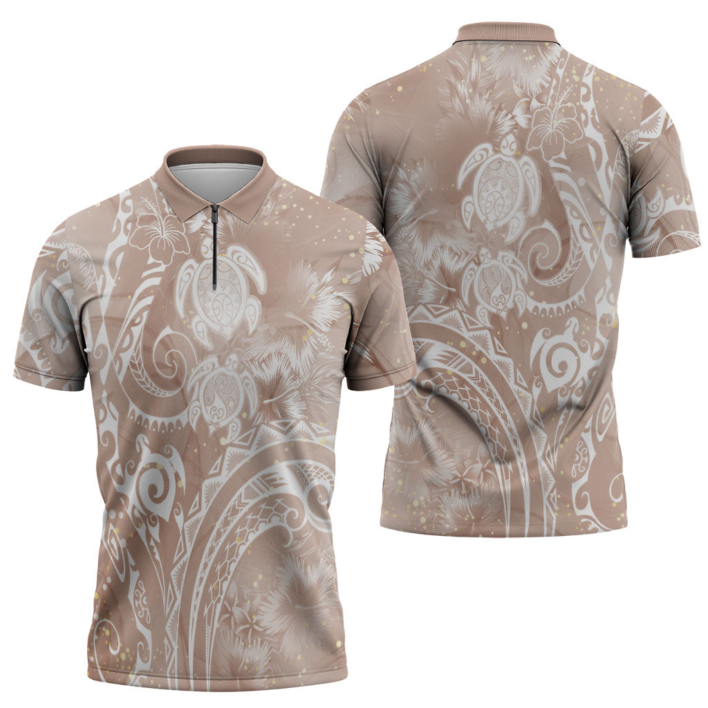 Aloha Hawaii Turtles Floral Zipper Polo Shirt Taupe Marbles Glaze