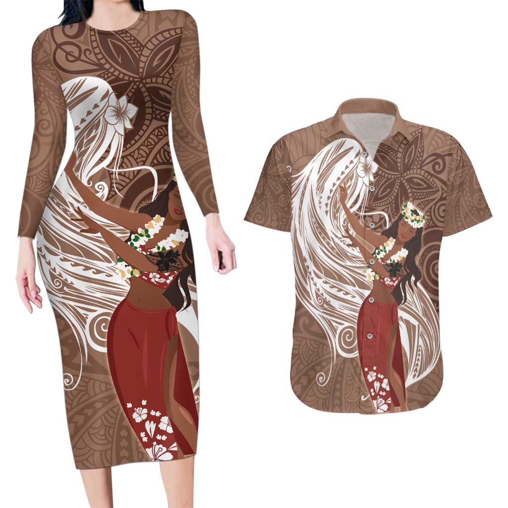 Tahiti Islands Polynesian Plumeria Couples Matching Long Sleeve Bodycon Dress and Hawaiian Shirt Tahitian Vahine 'Ote'a - Beige LT7 Beige - Polynesian Pride