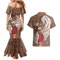 Tahiti Islands Polynesian Plumeria Couples Matching Mermaid Dress and Hawaiian Shirt Tahitian Vahine 'Ote'a - Beige LT7 - Polynesian Pride