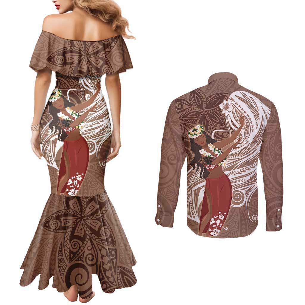 Tahiti Islands Polynesian Plumeria Couples Matching Mermaid Dress and Long Sleeve Button Shirt Tahitian Vahine 'Ote'a - Beige LT7 - Polynesian Pride