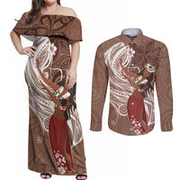 Tahiti Islands Polynesian Plumeria Couples Matching Off Shoulder Maxi Dress and Long Sleeve Button Shirt Tahitian Vahine 'Ote'a - Beige LT7 Beige - Polynesian Pride