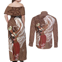 Tahiti Islands Polynesian Plumeria Couples Matching Off Shoulder Maxi Dress and Long Sleeve Button Shirt Tahitian Vahine 'Ote'a - Beige LT7 - Polynesian Pride