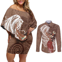Tahiti Islands Polynesian Plumeria Couples Matching Off Shoulder Short Dress and Long Sleeve Button Shirt Tahitian Vahine 'Ote'a - Beige LT7 Beige - Polynesian Pride