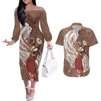 Tahiti Islands Polynesian Plumeria Couples Matching Off The Shoulder Long Sleeve Dress and Hawaiian Shirt Tahitian Vahine 'Ote'a - Beige LT7 Beige - Polynesian Pride