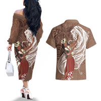 Tahiti Islands Polynesian Plumeria Couples Matching Off The Shoulder Long Sleeve Dress and Hawaiian Shirt Tahitian Vahine 'Ote'a - Beige LT7 - Polynesian Pride