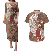 Tahiti Islands Polynesian Plumeria Couples Matching Puletasi and Hawaiian Shirt Tahitian Vahine 'Ote'a - Beige LT7 Beige - Polynesian Pride