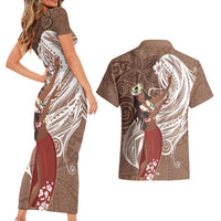 Tahiti Islands Polynesian Plumeria Couples Matching Short Sleeve Bodycon Dress and Hawaiian Shirt Tahitian Vahine 'Ote'a - Beige LT7 - Polynesian Pride