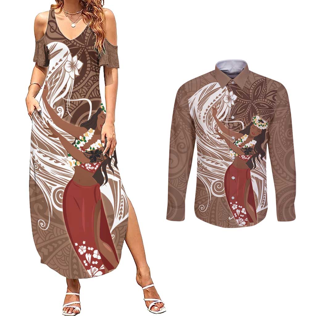 Tahiti Islands Polynesian Plumeria Couples Matching Summer Maxi Dress and Long Sleeve Button Shirt Tahitian Vahine 'Ote'a - Beige LT7 Beige - Polynesian Pride