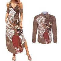 Tahiti Islands Polynesian Plumeria Couples Matching Summer Maxi Dress and Long Sleeve Button Shirt Tahitian Vahine 'Ote'a - Beige LT7 Beige - Polynesian Pride