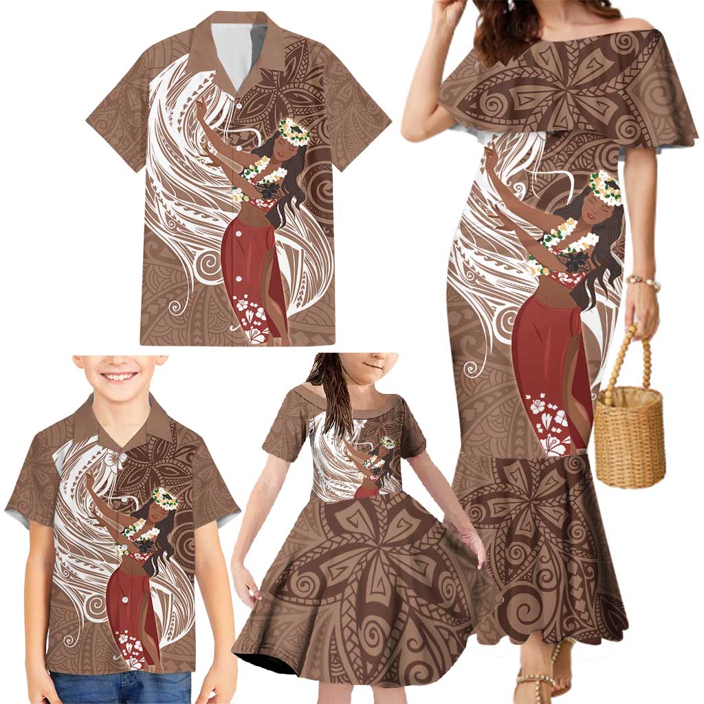 Tahiti Islands Polynesian Plumeria Family Matching Mermaid Dress and Hawaiian Shirt Tahitian Vahine 'Ote'a - Beige LT7 - Polynesian Pride
