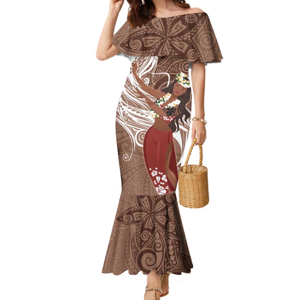 Tahiti Islands Polynesian Plumeria Family Matching Mermaid Dress and Hawaiian Shirt Tahitian Vahine 'Ote'a - Beige LT7 Mom's Dress Beige - Polynesian Pride