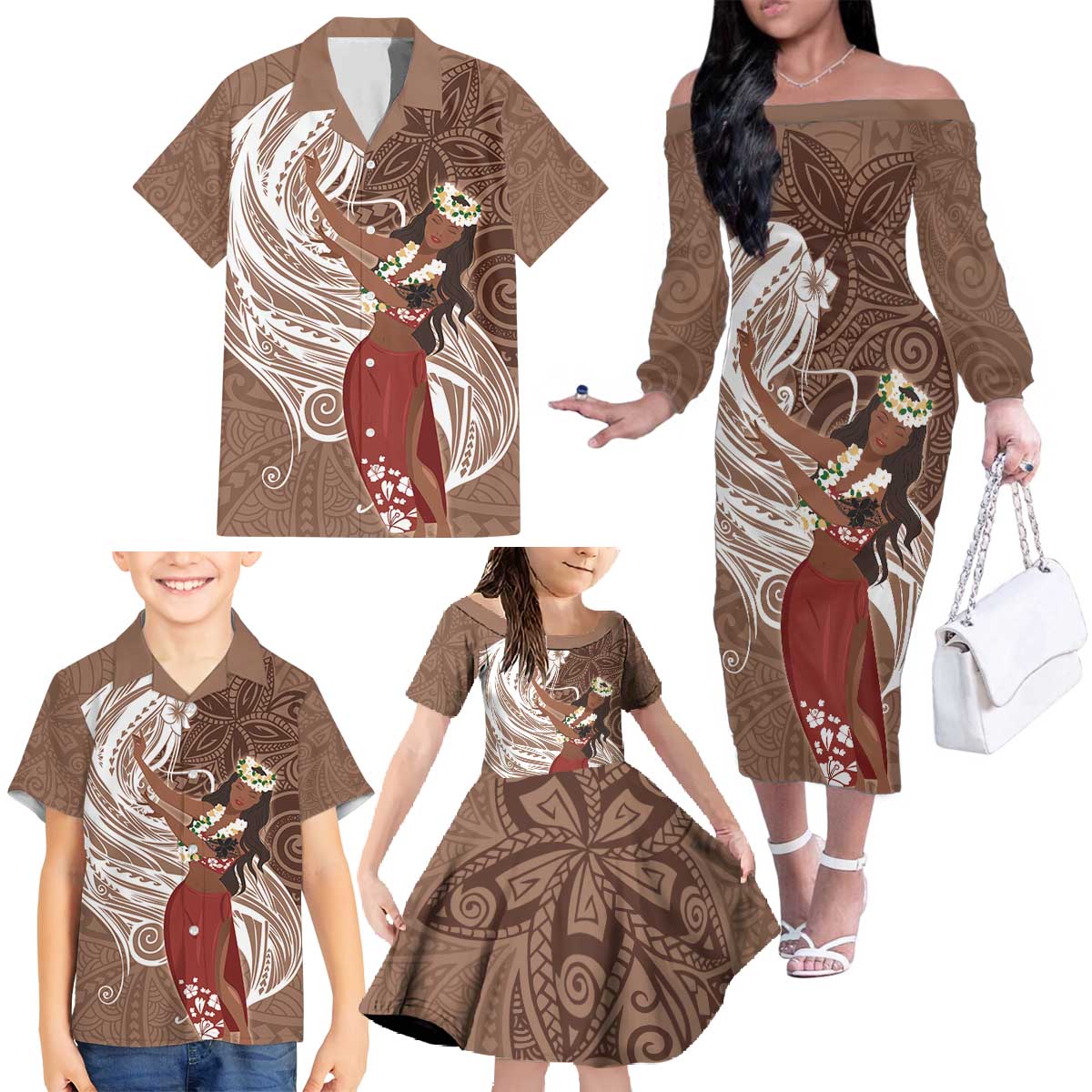 Tahiti Islands Polynesian Plumeria Family Matching Off The Shoulder Long Sleeve Dress and Hawaiian Shirt Tahitian Vahine 'Ote'a - Beige LT7 - Polynesian Pride