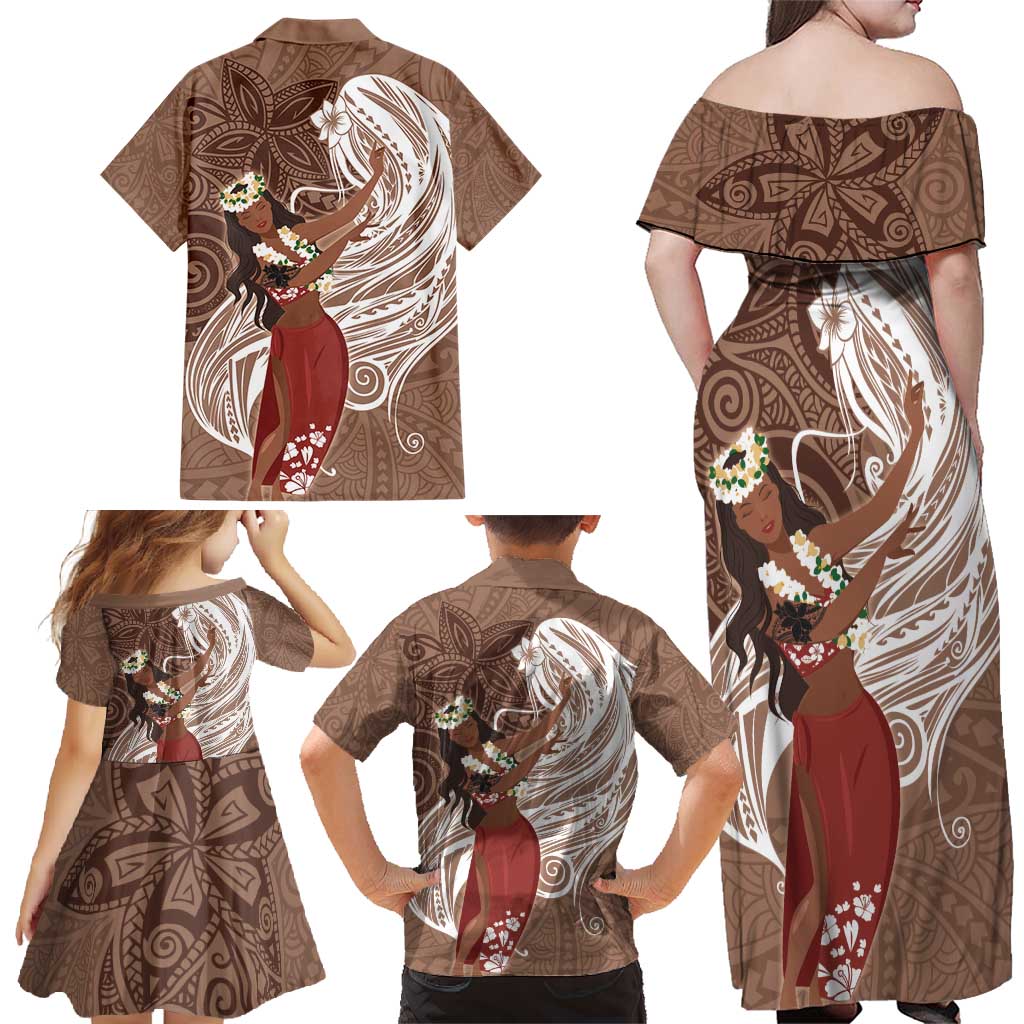 Tahiti Islands Polynesian Plumeria Family Matching Off Shoulder Maxi Dress and Hawaiian Shirt Tahitian Vahine 'Ote'a - Beige LT7 - Polynesian Pride