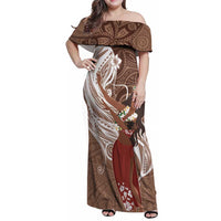 Tahiti Islands Polynesian Plumeria Family Matching Off Shoulder Maxi Dress and Hawaiian Shirt Tahitian Vahine 'Ote'a - Beige LT7 Mom's Dress Beige - Polynesian Pride