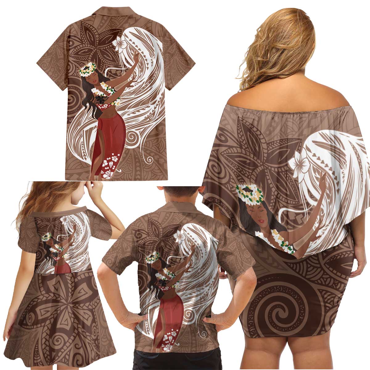 Tahiti Islands Polynesian Plumeria Family Matching Off Shoulder Short Dress and Hawaiian Shirt Tahitian Vahine 'Ote'a - Beige LT7 - Polynesian Pride