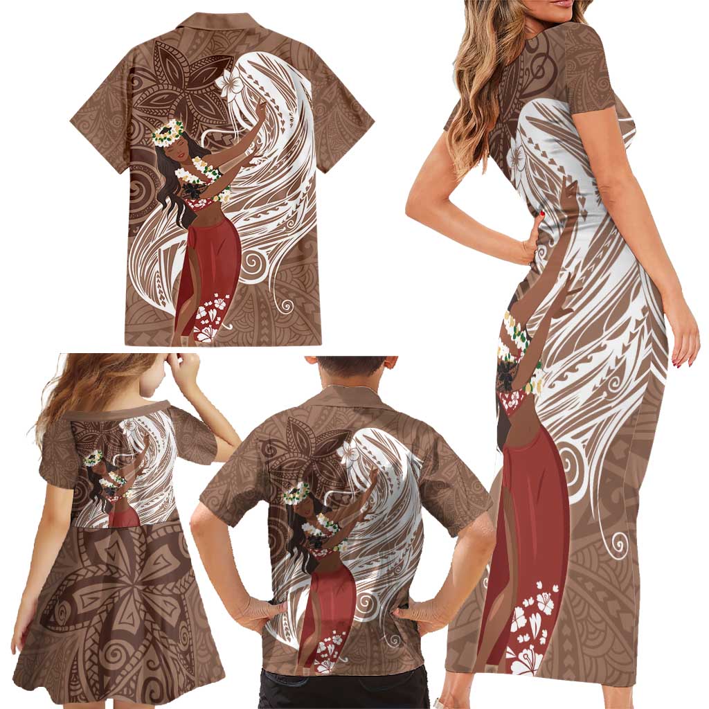 Tahiti Islands Polynesian Plumeria Family Matching Short Sleeve Bodycon Dress and Hawaiian Shirt Tahitian Vahine 'Ote'a - Beige LT7 - Polynesian Pride