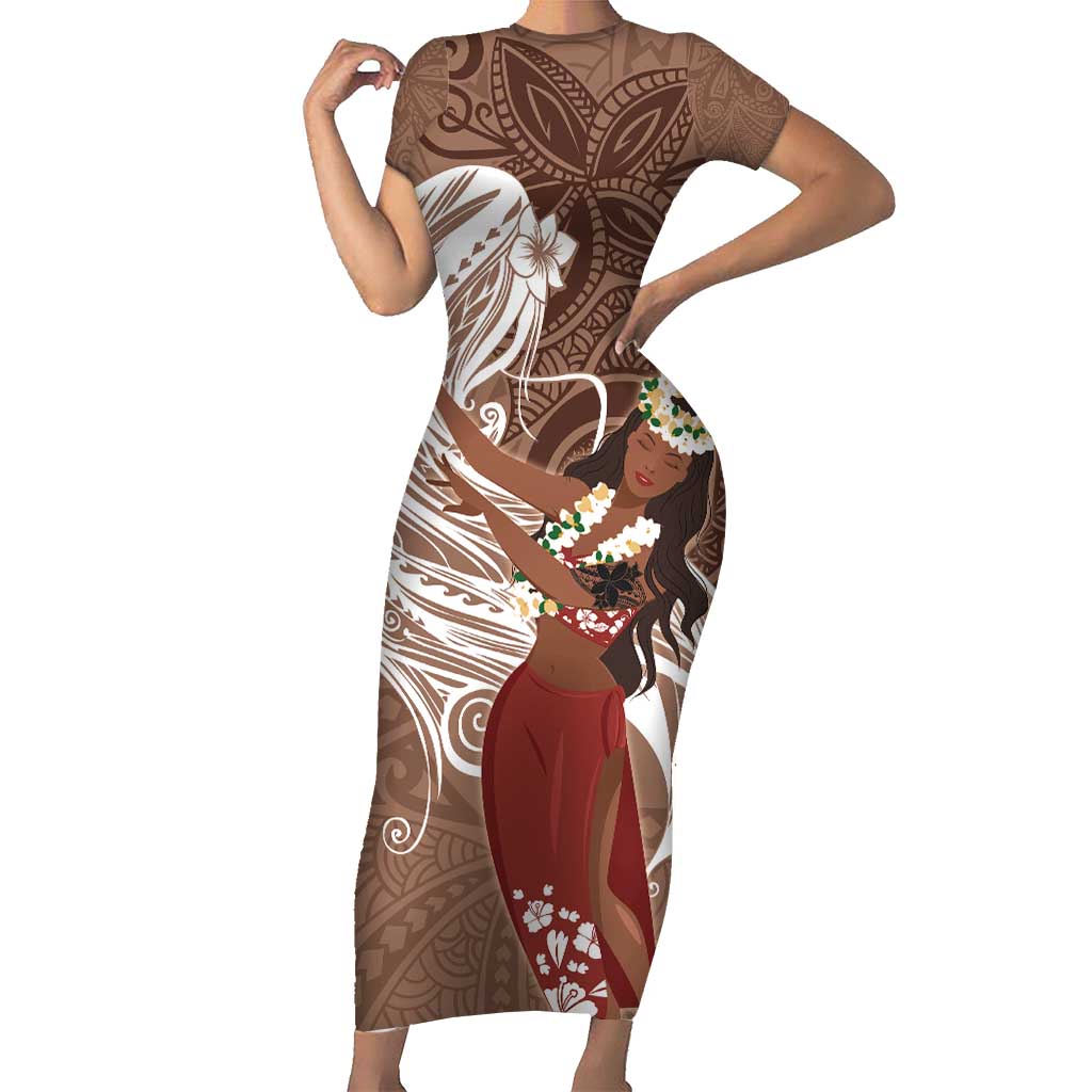 Tahiti Islands Polynesian Plumeria Family Matching Short Sleeve Bodycon Dress and Hawaiian Shirt Tahitian Vahine 'Ote'a - Beige LT7 Mom's Dress Beige - Polynesian Pride