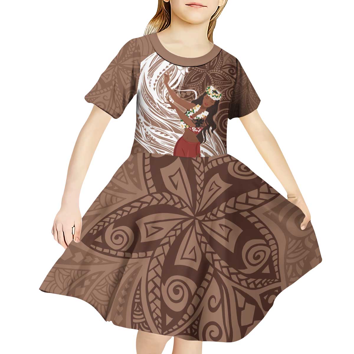 Tahiti Islands Polynesian Plumeria Kid Short Sleeve Dress Tahitian Vahine 'Ote'a - Beige LT7 - Polynesian Pride