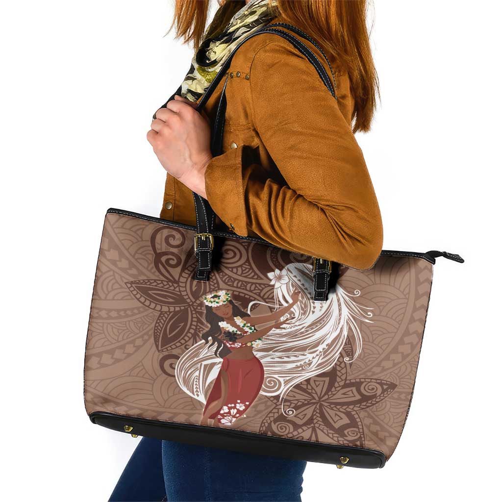 Tahiti Islands Polynesian Plumeria Leather Tote Bag Tahitian Vahine 'Ote'a - Beige LT7 Beige - Polynesian Pride
