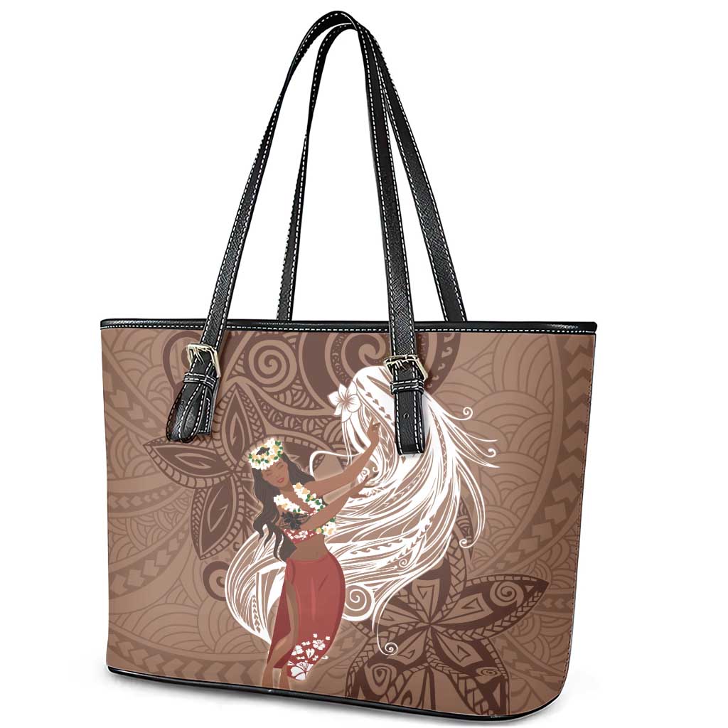 Tahiti Islands Polynesian Plumeria Leather Tote Bag Tahitian Vahine 'Ote'a - Beige LT7 - Polynesian Pride