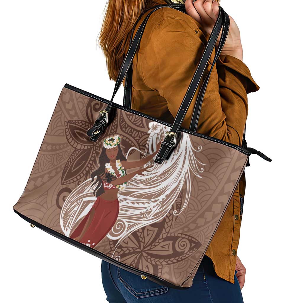 Tahiti Islands Polynesian Plumeria Leather Tote Bag Tahitian Vahine 'Ote'a - Beige LT7 - Polynesian Pride