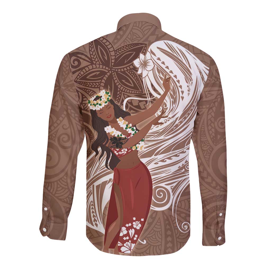 Tahiti Islands Polynesian Plumeria Long Sleeve Button Shirt Tahitian Vahine 'Ote'a - Beige LT7 - Polynesian Pride