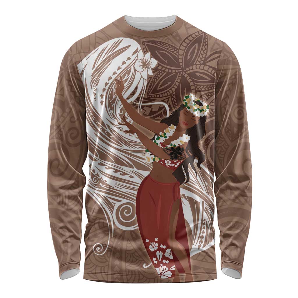 Tahiti Islands Polynesian Plumeria Long Sleeve Shirt Tahitian Vahine 'Ote'a - Beige LT7 Unisex Beige - Polynesian Pride