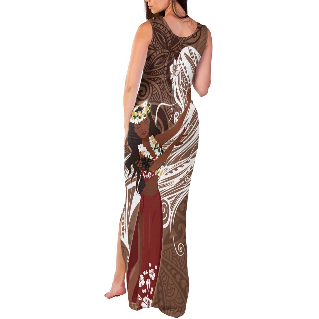 Tahiti Islands Polynesian Plumeria Tank Maxi Dress Tahitian Vahine 'Ote'a - Beige LT7 - Polynesian Pride