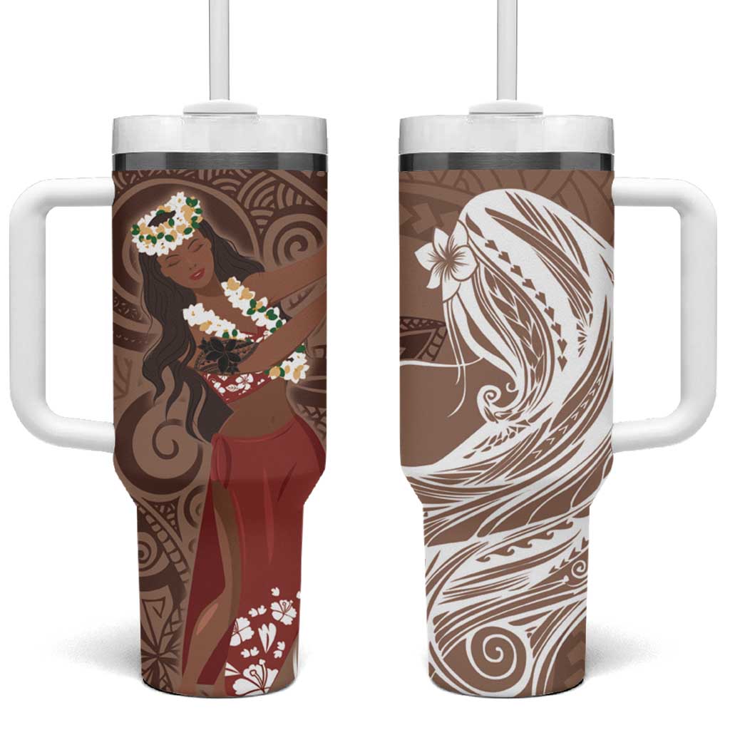 Tahiti Islands Polynesian Plumeria Tumbler With Handle Tahitian Vahine 'Ote'a - Beige LT7 One Size: 40 oz Beige - Polynesian Pride
