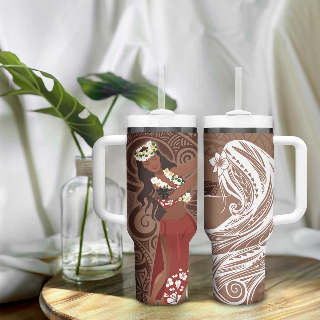 Tahiti Islands Polynesian Plumeria Tumbler With Handle Tahitian Vahine 'Ote'a - Beige LT7 - Polynesian Pride