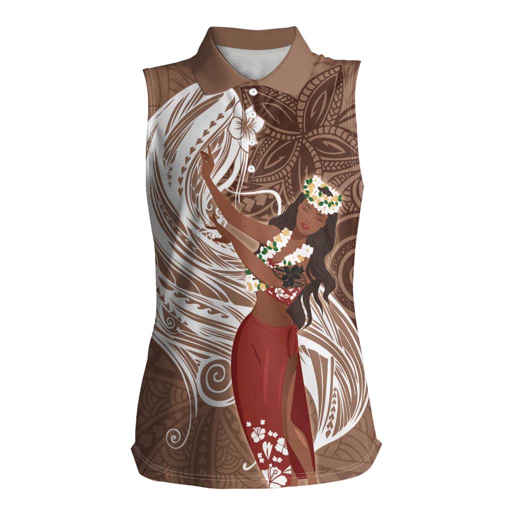 Tahiti Islands Polynesian Plumeria Women Sleeveless Polo Shirt Tahitian Vahine 'Ote'a - Beige LT7 Female Beige - Polynesian Pride