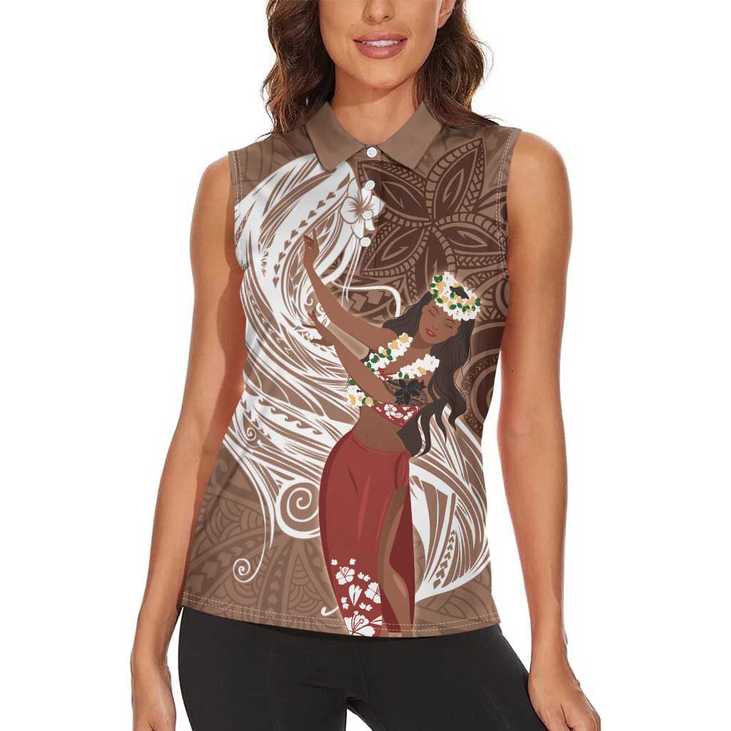 Tahiti Islands Polynesian Plumeria Women Sleeveless Polo Shirt Tahitian Vahine 'Ote'a - Beige LT7 - Polynesian Pride