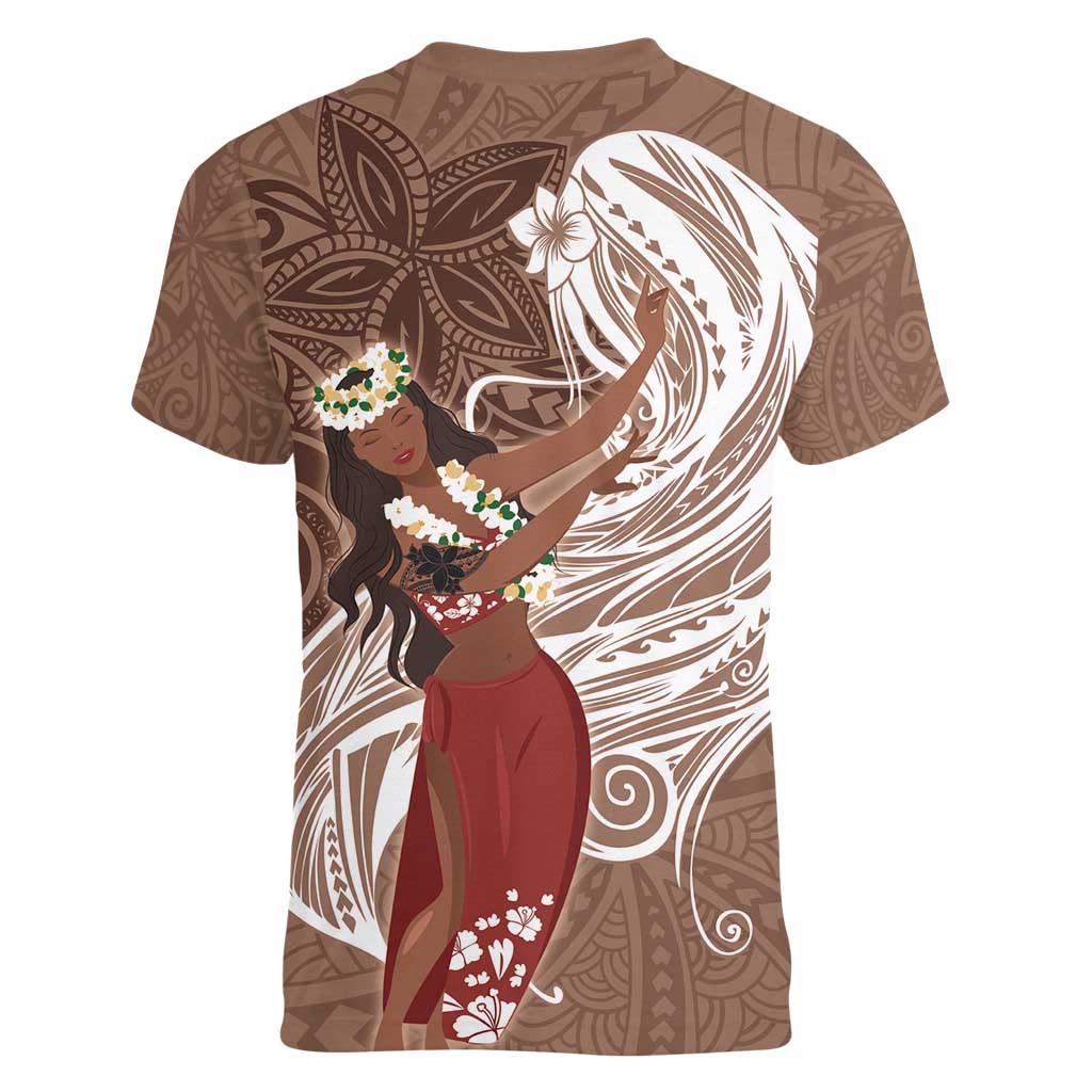 Tahiti Islands Polynesian Plumeria Women V-Neck T-Shirt Tahitian Vahine 'Ote'a - Beige LT7 - Polynesian Pride