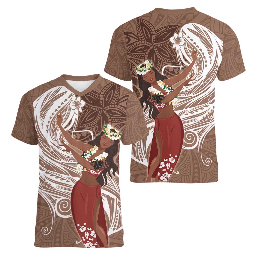 Tahiti Islands Polynesian Plumeria Women V-Neck T-Shirt Tahitian Vahine 'Ote'a - Beige LT7 - Polynesian Pride