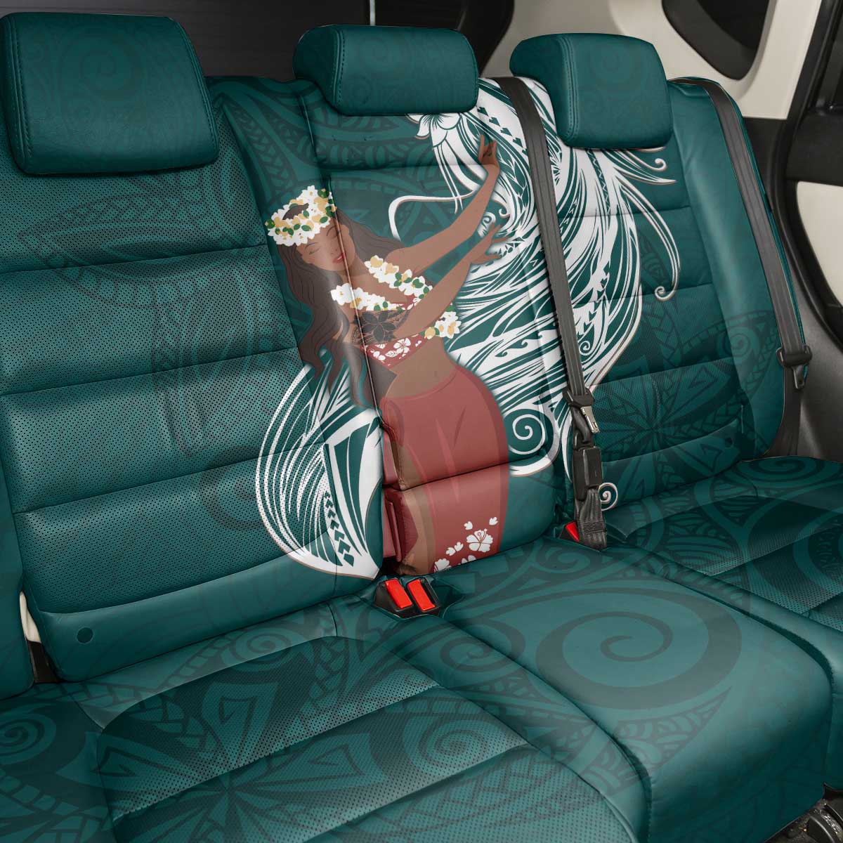 Tahiti Islands Polynesian Plumeria Back Car Seat Cover Tahitian Vahine 'Ote'a - Teal LT7 - Polynesian Pride