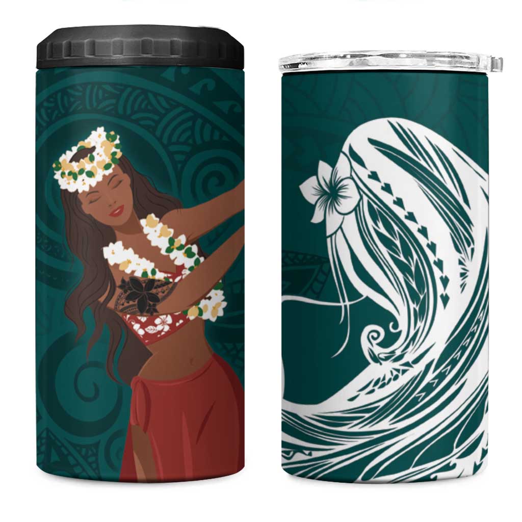 Tahiti Islands Polynesian Plumeria 4 in 1 Can Cooler Tumbler Tahitian Vahine 'Ote'a - Teal LT7 One Size: 16 oz Teal - Polynesian Pride