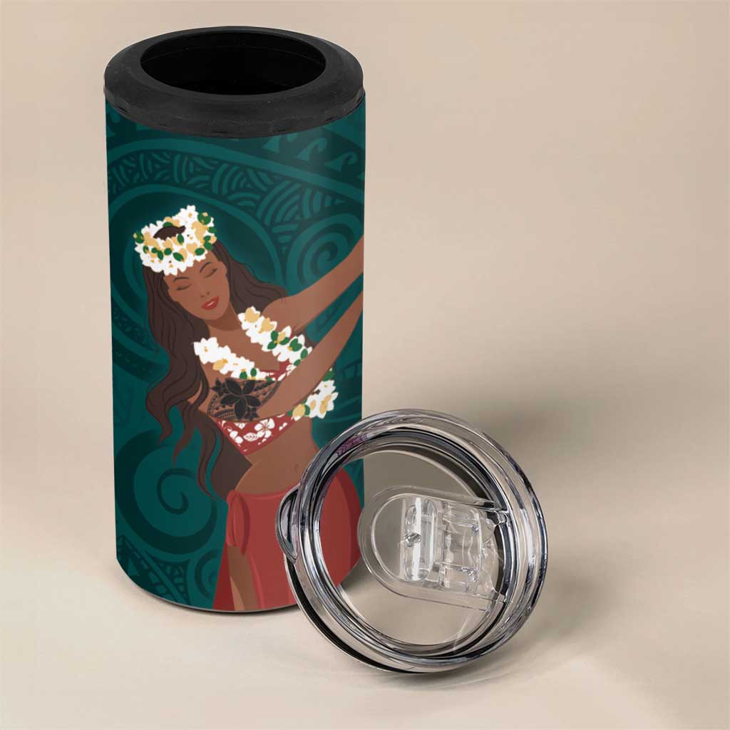 Tahiti Islands Polynesian Plumeria 4 in 1 Can Cooler Tumbler Tahitian Vahine 'Ote'a - Teal LT7 - Polynesian Pride
