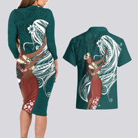 Tahiti Islands Polynesian Plumeria Couples Matching Long Sleeve Bodycon Dress and Hawaiian Shirt Tahitian Vahine 'Ote'a - Teal LT7 - Polynesian Pride