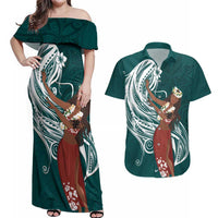 Tahiti Islands Polynesian Plumeria Couples Matching Off Shoulder Maxi Dress and Hawaiian Shirt Tahitian Vahine 'Ote'a - Teal LT7 Teal - Polynesian Pride