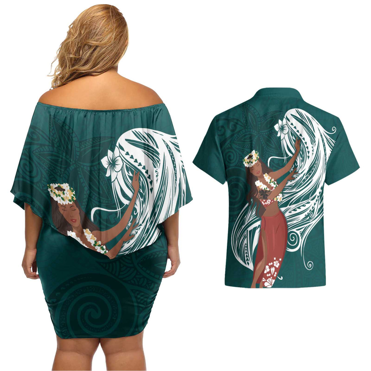 Tahiti Islands Polynesian Plumeria Couples Matching Off Shoulder Short Dress and Hawaiian Shirt Tahitian Vahine 'Ote'a - Teal LT7 - Polynesian Pride