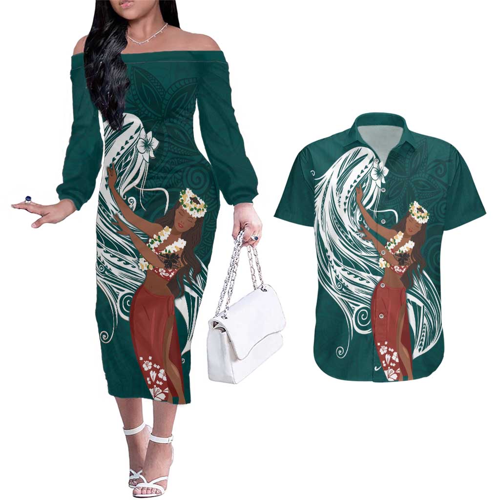 Tahiti Islands Polynesian Plumeria Couples Matching Off The Shoulder Long Sleeve Dress and Hawaiian Shirt Tahitian Vahine 'Ote'a - Teal LT7 Teal - Polynesian Pride