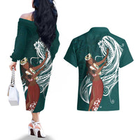 Tahiti Islands Polynesian Plumeria Couples Matching Off The Shoulder Long Sleeve Dress and Hawaiian Shirt Tahitian Vahine 'Ote'a - Teal LT7 - Polynesian Pride