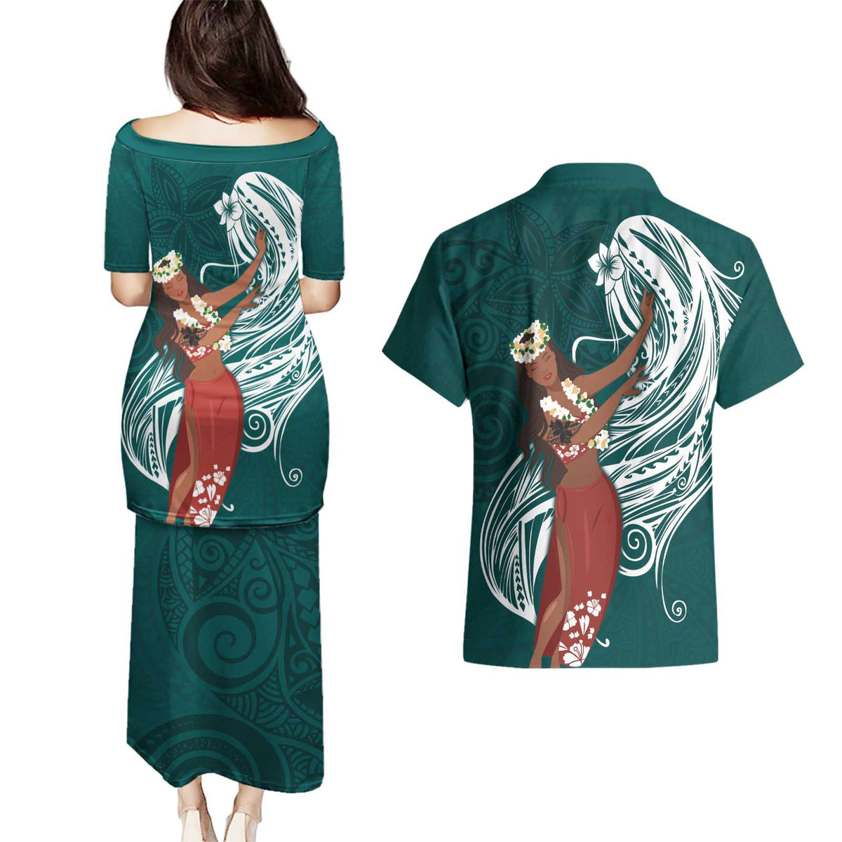 Tahiti Islands Polynesian Plumeria Couples Matching Puletasi and Hawaiian Shirt Tahitian Vahine 'Ote'a - Teal LT7 - Polynesian Pride